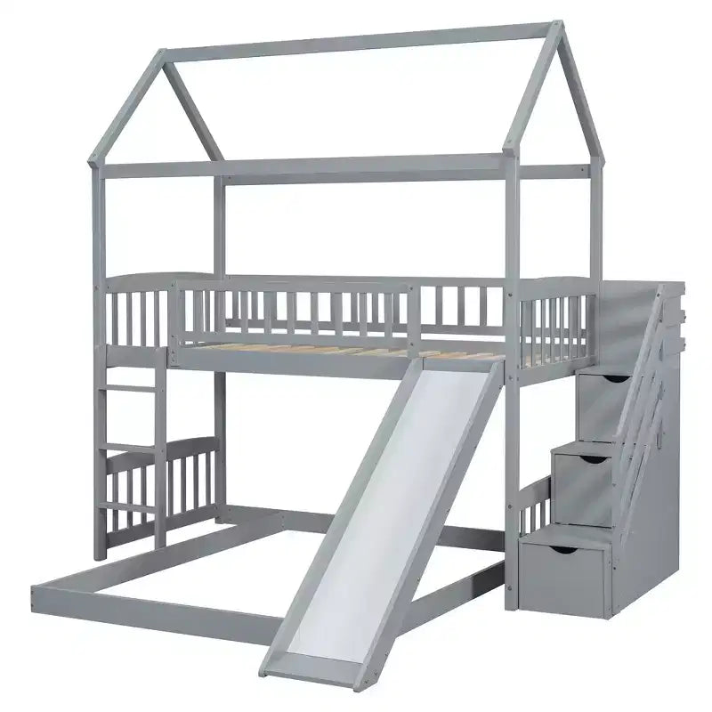 Letto a castello singolo sopra una piazza e mezza con scivolo e scale contenitore, design a casetta, pino e MDF, età 6+