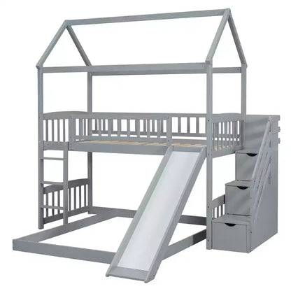 Letto a castello singolo sopra una piazza e mezza con scivolo e scale contenitore, design a casetta, pino e MDF, età 6+