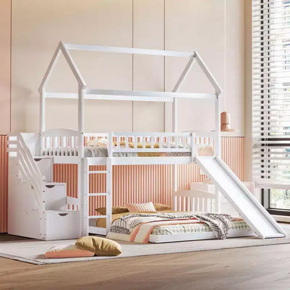 Letto a castello singolo sopra una piazza e mezza con scivolo e scale contenitore, design a casetta, pino e MDF, età 6+
