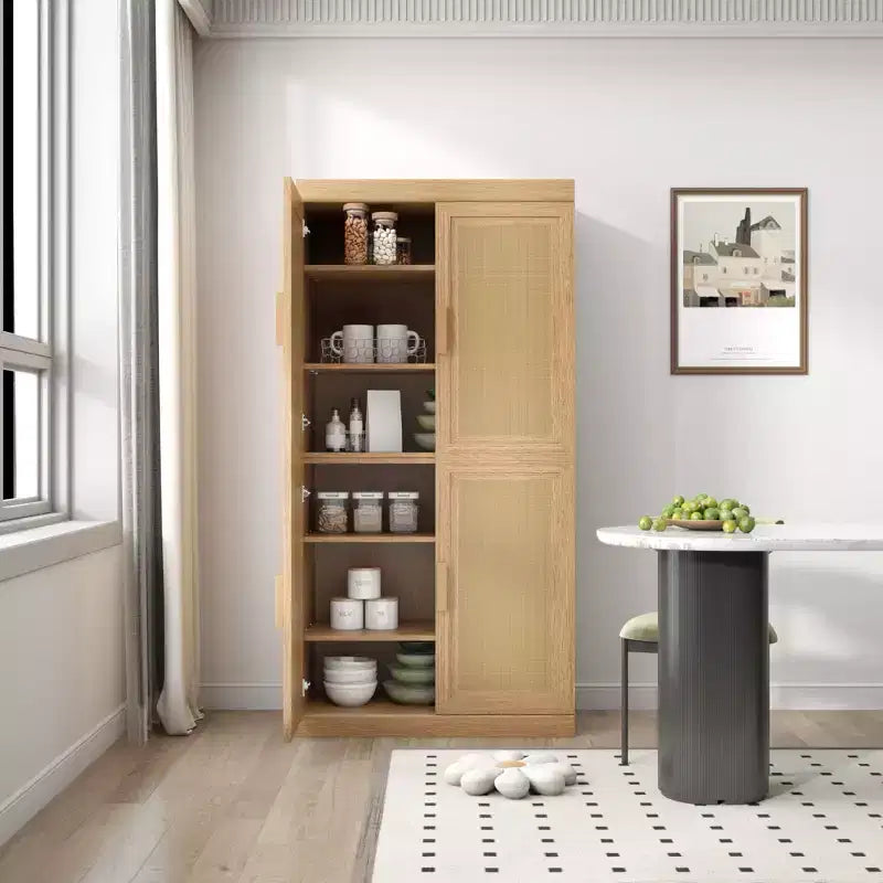 Madia in legno venato 62x31x16, mobile contenitore con ripiani regolabili e ante in rattan per cucina, camera da letto, soggiorno/sala da pranzo