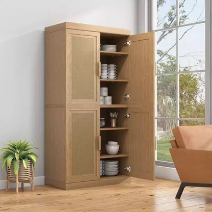 Madia in legno venato 62x31x16, mobile contenitore con ripiani regolabili e ante in rattan per cucina, camera da letto, soggiorno/sala da pranzo