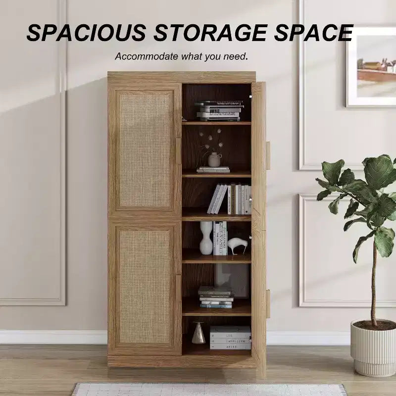 Madia in legno venato 62x31x16, mobile contenitore con ripiani regolabili e ante in rattan per cucina, camera da letto, soggiorno/sala da pranzo