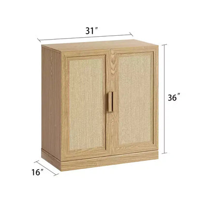 Madia in legno venato 62x31x16, mobile contenitore con ripiani regolabili e ante in rattan per cucina, camera da letto, soggiorno/sala da pranzo