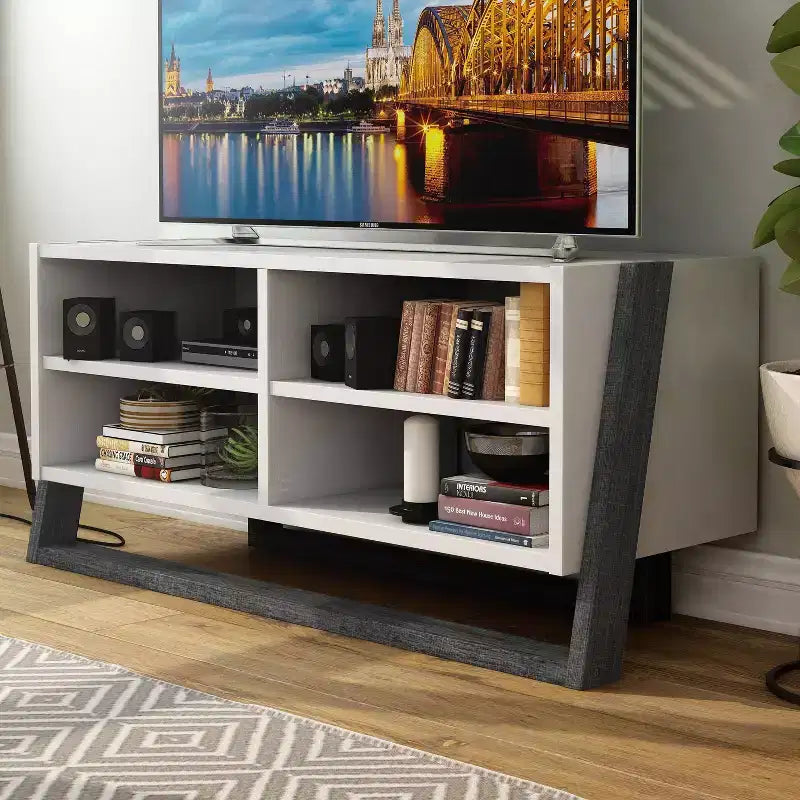 Mobile porta TV Etteridge per TV fino a 56", grigio bicolore, ripiani aperti e regolabili, 125,7 cm L