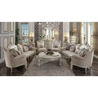 Tavolino da caffè Picardy, 54", bianco perla antico, gambe curve decorate in legno composito