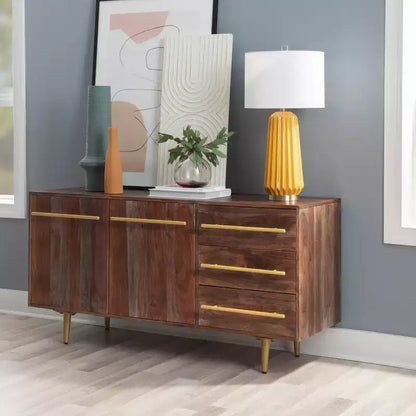Madia Adair Mid-Century moderna 58", legno massello di acacia, 2 ante 3 cassetti, ferro dorato