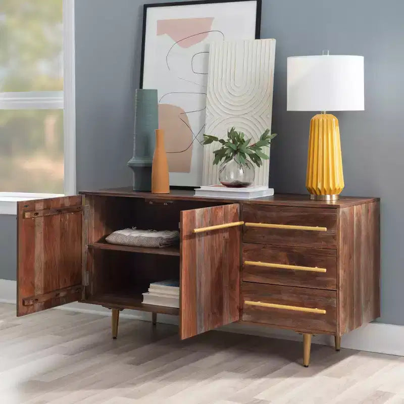 Madia Adair Mid-Century moderna 58", legno massello di acacia, 2 ante 3 cassetti, ferro dorato