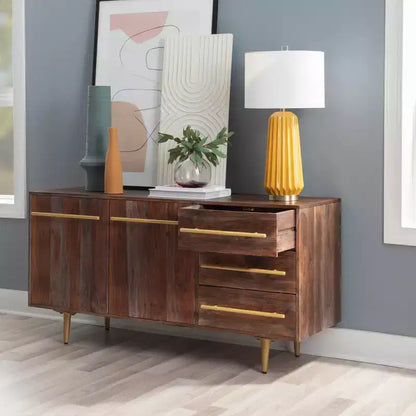 Madia Adair Mid-Century moderna 58", legno massello di acacia, 2 ante 3 cassetti, ferro dorato