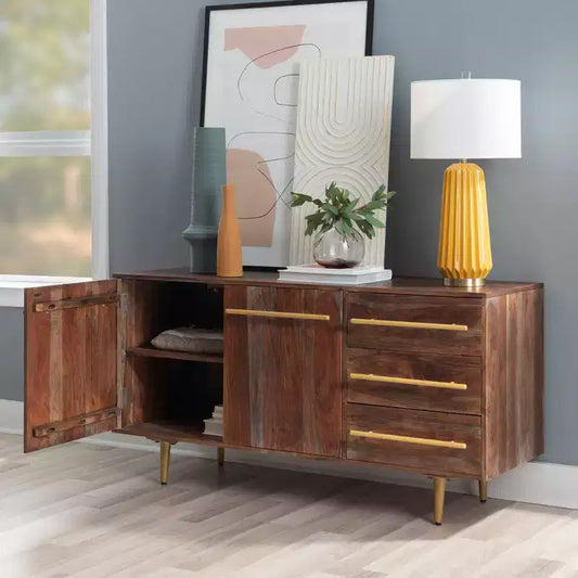 Madia Adair Mid-Century moderna 58", legno massello di acacia, 2 ante 3 cassetti, ferro dorato