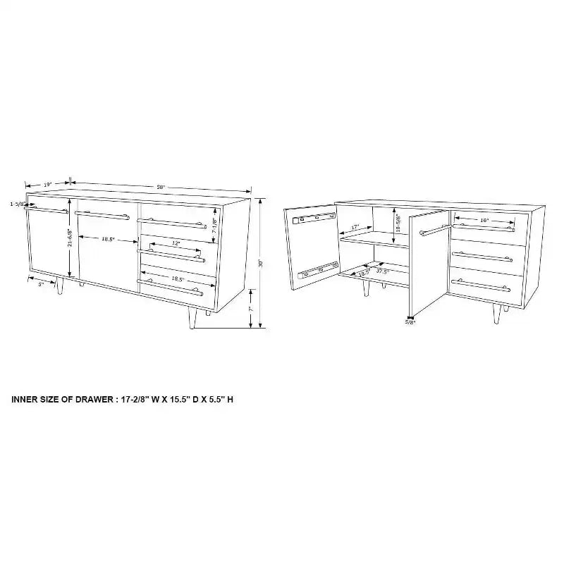 Madia Adair Mid-Century moderna 58", legno massello di acacia, 2 ante 3 cassetti, ferro dorato