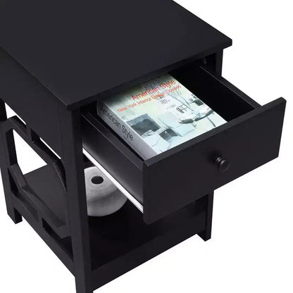 Comodino con 1 cassetto, tavolino rettangolare in MDF nero h 61 cm