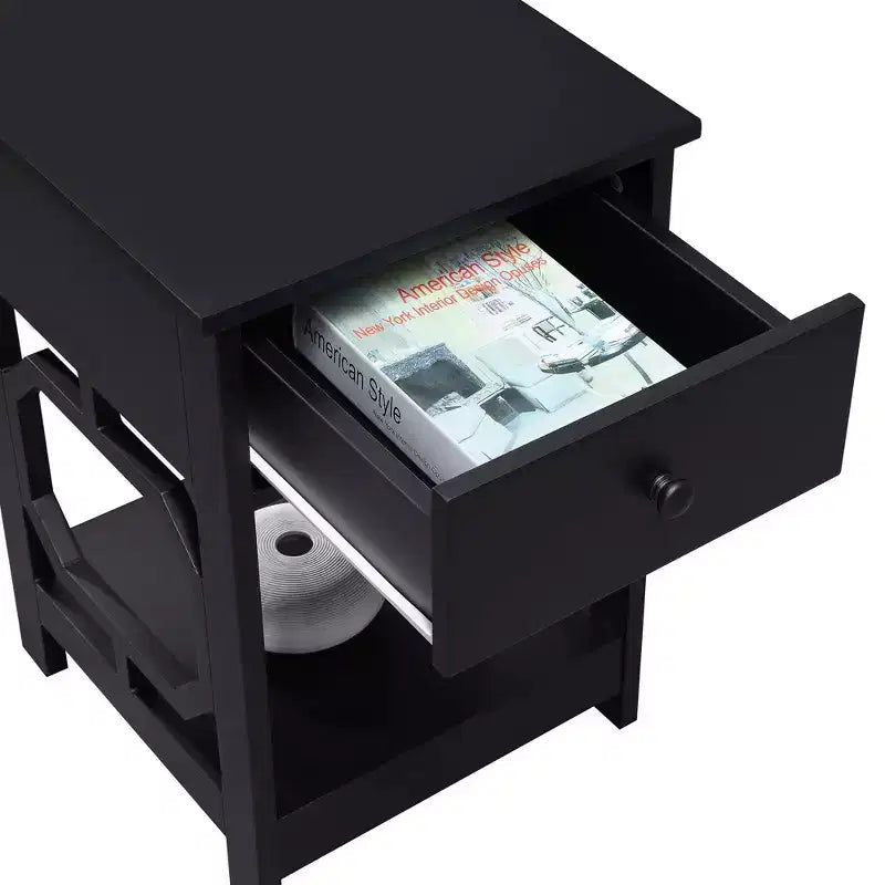 Comodino con 1 cassetto - Rettangolare nero in MDF, Comodino moderno da 24"