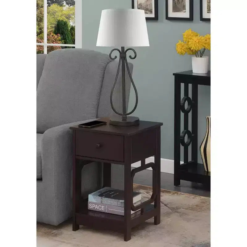 Comodino con 1 cassetto, tavolino rettangolare in MDF nero h 61 cm