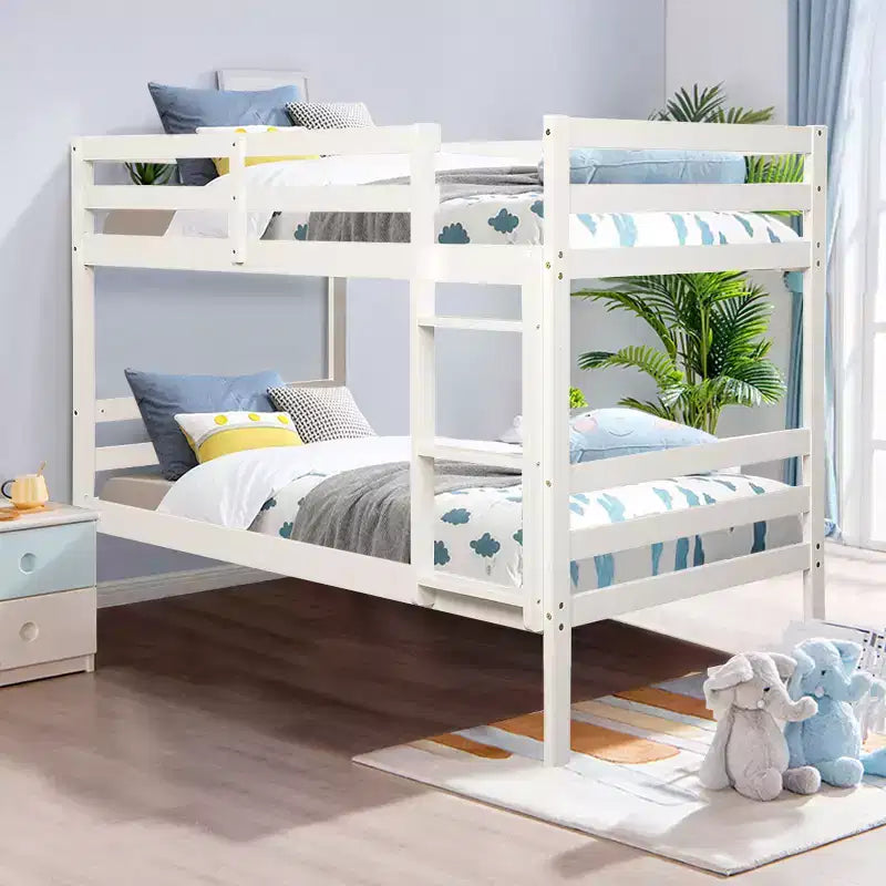 Letto a castello in legno, con scaletta e sponda di sicurezza, piazza e mezza su piazza e mezza - Espresso/Bianco