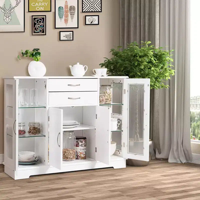 Credenza mobile contenitore per buffet con ante in vetro e cassetti per cucina e sala da pranzo