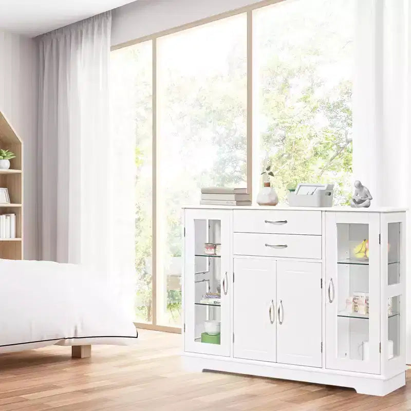 Credenza mobile contenitore per buffet con ante in vetro e cassetti per cucina e sala da pranzo