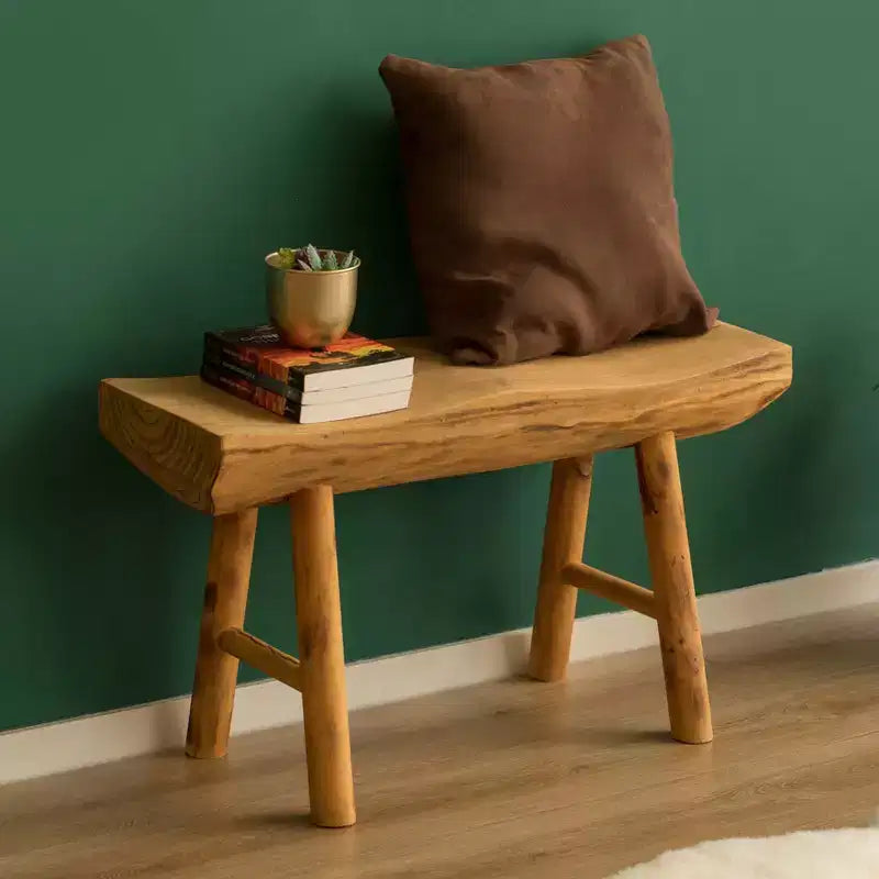 Panca rustica da ingresso in legno di Paulownia intagliato con bordo naturale, 81 cm di larghezza, nessun assemblaggio richiesto